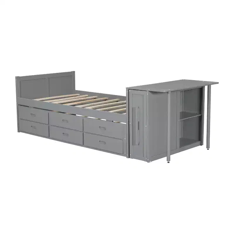 Letto a piattaforma in legno Twin Size con scrivania e ripiano portaoggetti, telaio letto matrimoniale/queen in legno con letto estraibile e 3 cassetti