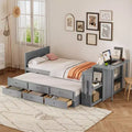 Twin Size Wood Platform Bed with Desk and Storage Shelf, Twin Queen Wooden Bedframe with Trundle and 3 Drawers