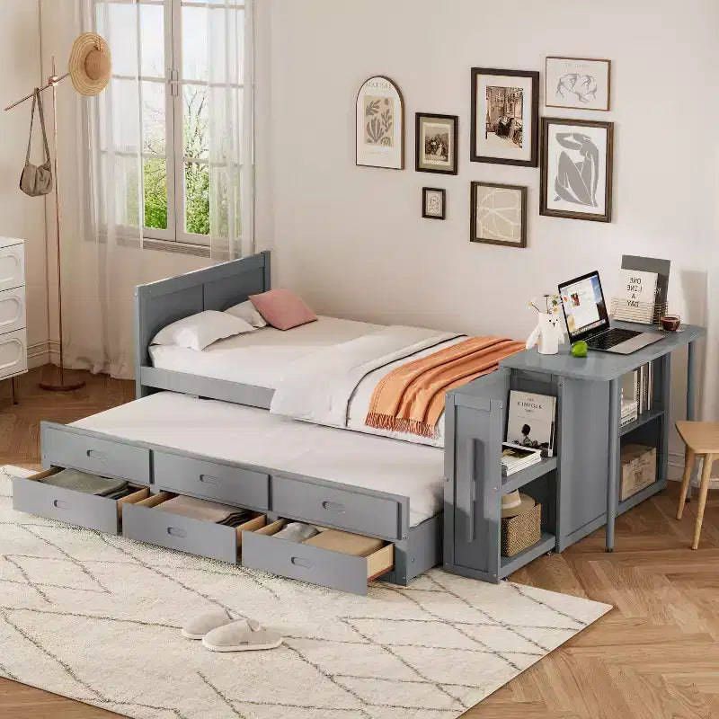 Twin Size Wood Platform Bed with Desk and Storage Shelf, Twin Queen Wooden Bedframe with Trundle and 3 Drawers
