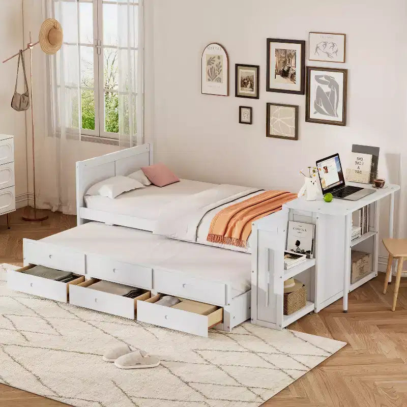 Letto a piattaforma in legno Twin Size con scrivania e ripiano portaoggetti, telaio letto matrimoniale/queen in legno con letto estraibile e 3 cassetti