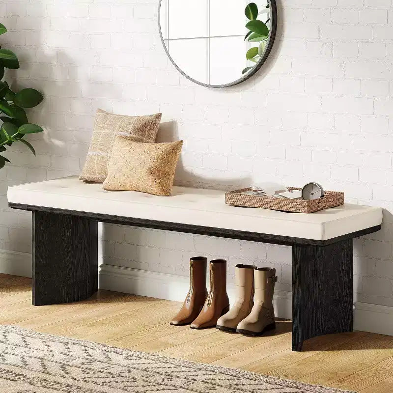 Lantine Solid Wood Bench with Removable Cushion, 55-Inch Modern Shoe Bench for Entryway, Dining Room, Living Room, End of Bed