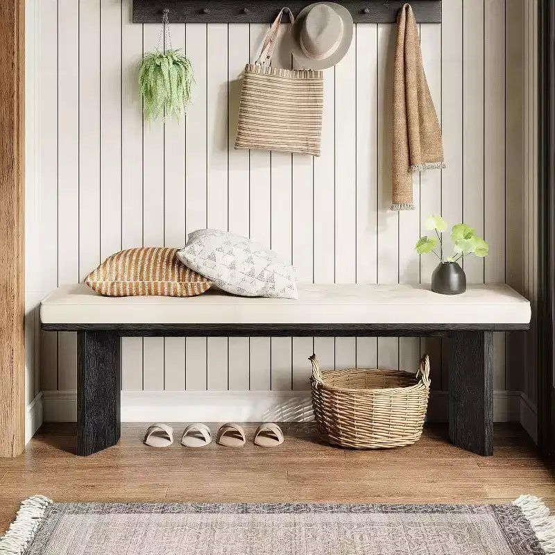 Panca Lantine in Legno Massello con Cuscino Rimovibile, Panca Portascarpe Moderna da 55 Pollici per Ingresso, Sala da Pranico, Soggiorno, Fondo Letto