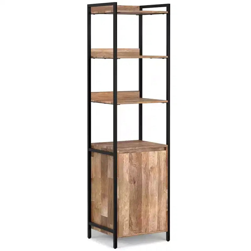 Paola SOLID MANGO WOOD 74 inch x 20 inch Modern Industrial Narrow Bookshelf with Cabinet in Natural
