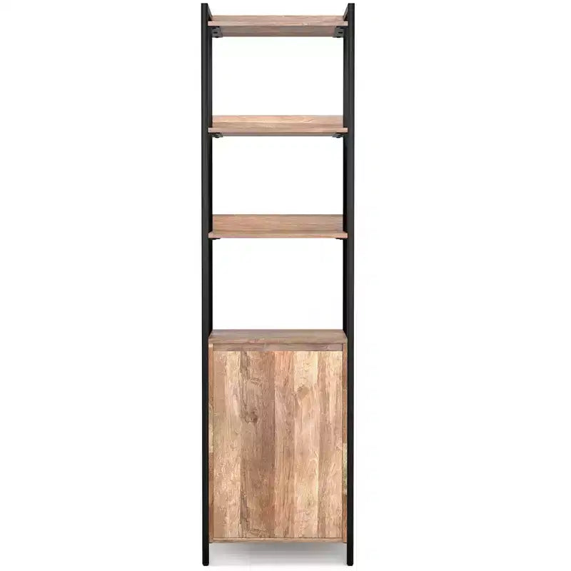 Paola Scaffale stretto industriale moderno da 188 cm x 51 cm in legno massello di mango con armadietto, finitura naturale