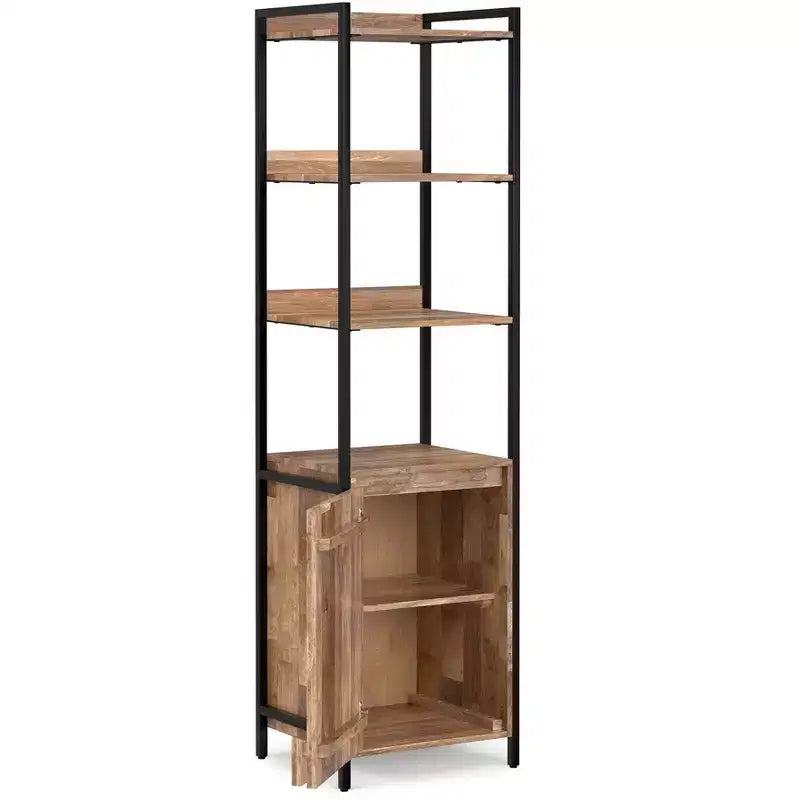 Paola Scaffale stretto industriale moderno da 188 cm x 51 cm in legno massello di mango con armadietto, finitura naturale