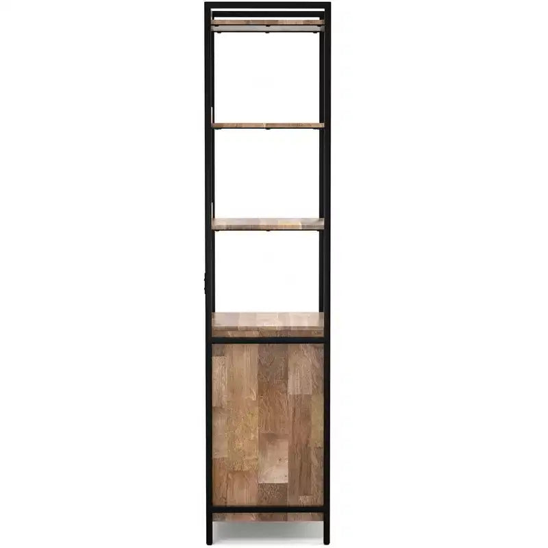Paola Scaffale stretto industriale moderno da 188 cm x 51 cm in legno massello di mango con armadietto, finitura naturale