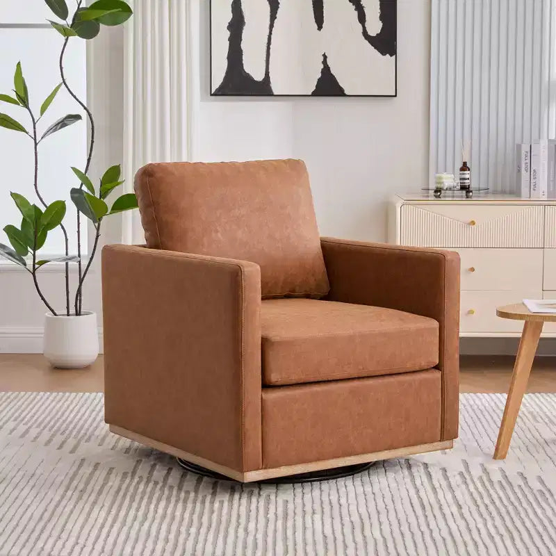 Etokfoks 30.7 inch Wide Brown PU Upholstered Swivel Accent Chair with Square Arms 360 Degree Lounge Armchair for Living Room Bedroom