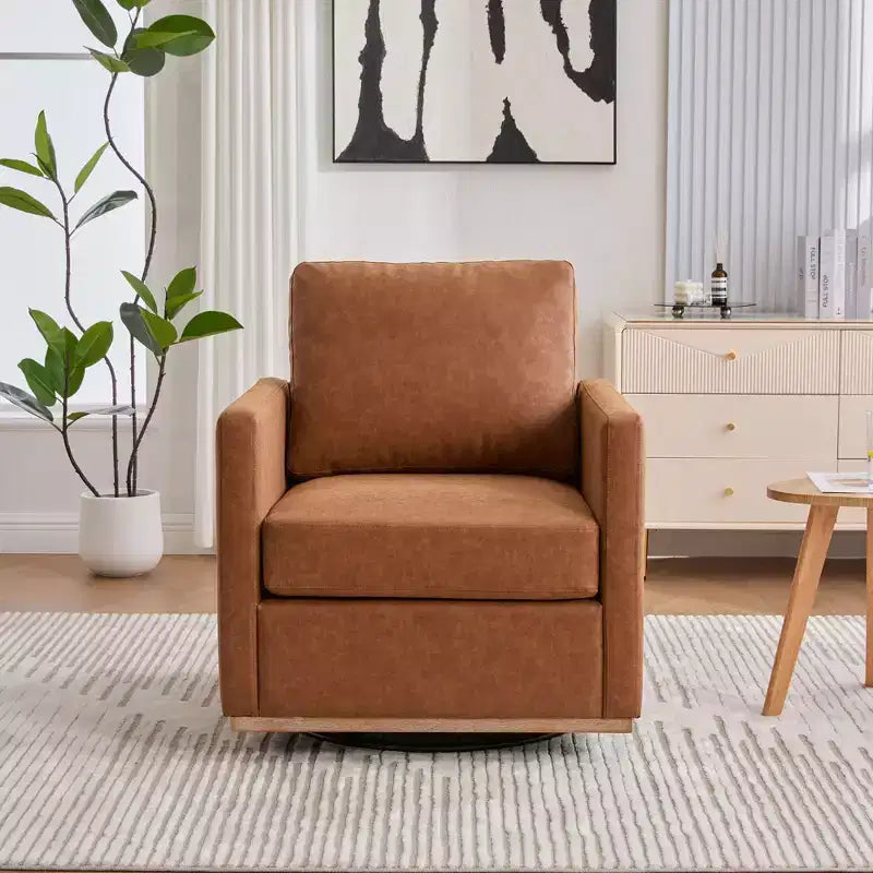 Etokfoks Poltrona Girevole da 78 cm, Ampia, Rivestita in PU Marrone, con Braccioli Quadrati, Poltrona Relax Girevole a 360 Gradi per Soggiorno Camera da Letto