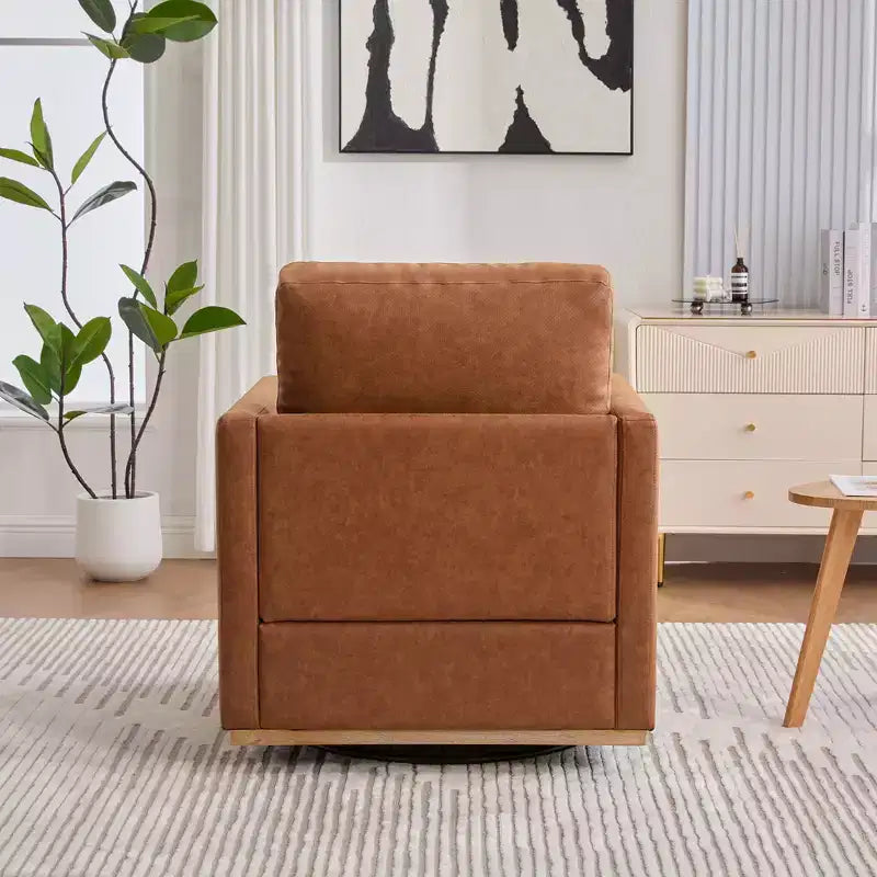 Etokfoks Poltrona Girevole da 78 cm, Ampia, Rivestita in PU Marrone, con Braccioli Quadrati, Poltrona Relax Girevole a 360 Gradi per Soggiorno Camera da Letto