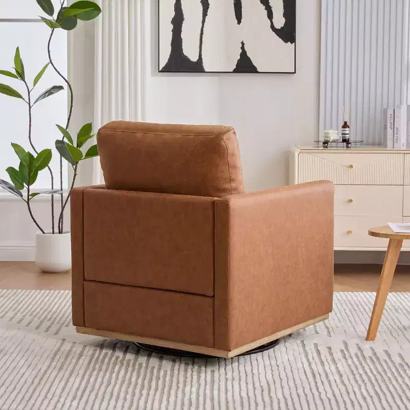Etokfoks Poltrona Girevole da 78 cm, Ampia, Rivestita in PU Marrone, con Braccioli Quadrati, Poltrona Relax Girevole a 360 Gradi per Soggiorno Camera da Letto