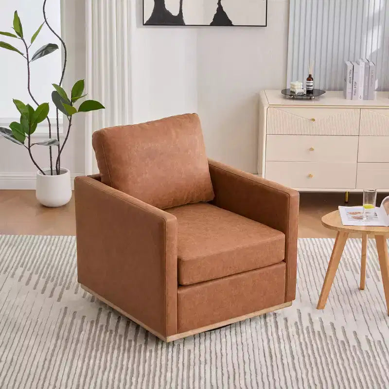 Etokfoks Poltrona Girevole da 78 cm, Ampia, Rivestita in PU Marrone, con Braccioli Quadrati, Poltrona Relax Girevole a 360 Gradi per Soggiorno Camera da Letto