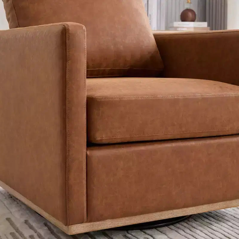 Etokfoks Poltrona Girevole da 78 cm, Ampia, Rivestita in PU Marrone, con Braccioli Quadrati, Poltrona Relax Girevole a 360 Gradi per Soggiorno Camera da Letto