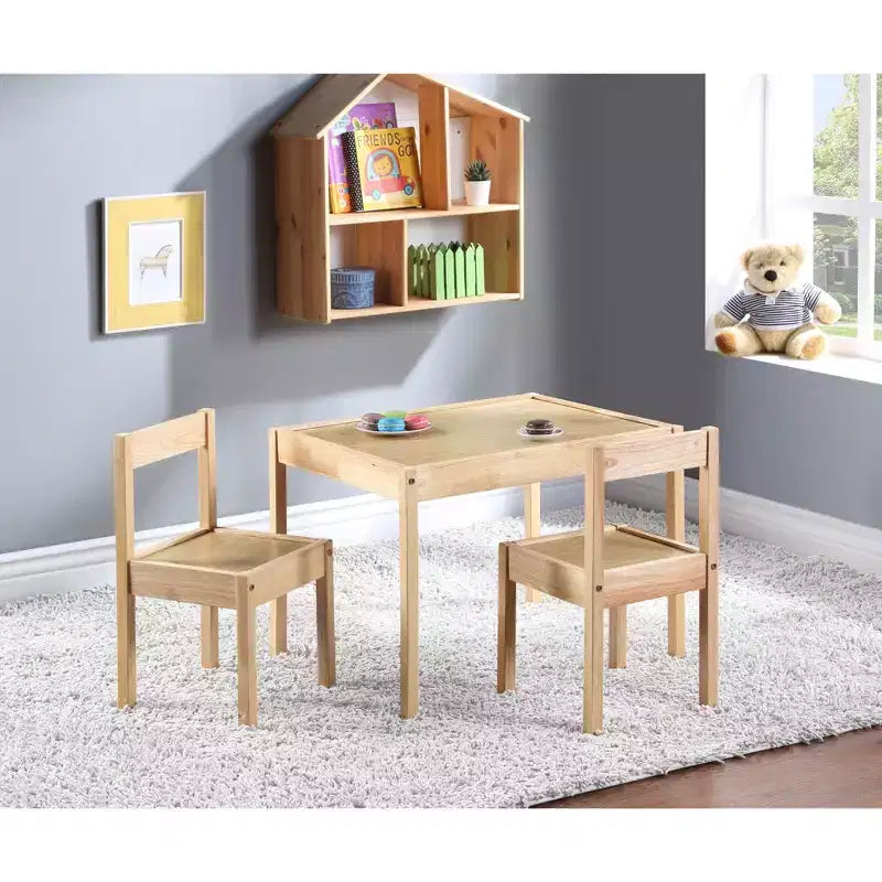 Etokfoks 3 Piece Solid Wood Kids Table and Two Chair Set Natural Space Saving Design for Arts Crafts and Playroom Activities