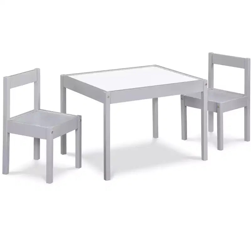 Etokfoks 3 Piece Kids Dry Erase Table and Two Chair Set Gray Solid Wood Durable Construction Easy to Clean Creative Art and Play Space