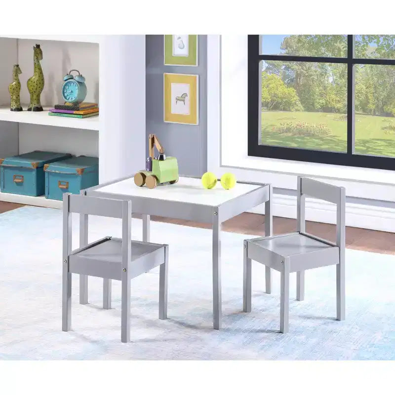 Set tavolo e due sedie Etokfoks 3 pezzi per bambini, cancellabile a secco, grigio, legno massello, costruzione durevole, facile da pulire, spazio creativo per arte e gioco