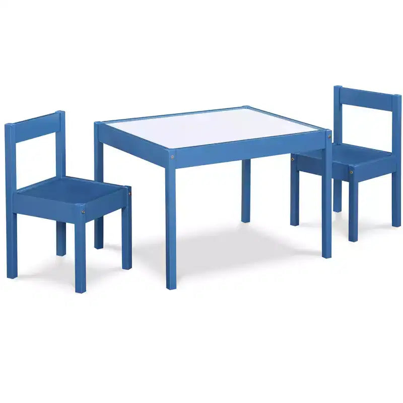 Etokfoks 3 Piece Dry Erase Kids Table and Two Chair Set Dark Blue Solid Wood Kiln Dried Durable Finish for Creative Activities