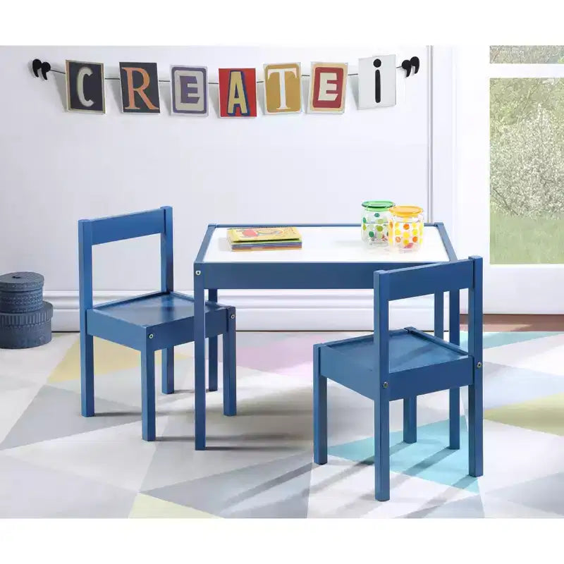 Etokfoks Set Tavolo e Due Sedie per Bambini Cancellabili a Secco, 3 Pezzi, Blu Scuro, Legno Massello, Essiccato in Forno, Finitura Durevole per Attività Creative