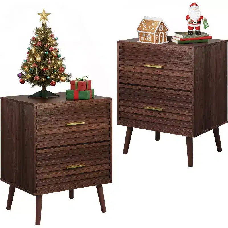 BALHAM TRADE-2Pcs Modern Wood Night Stand with 2 Drawers Fluted Bed Side Table for Bedroom Living Room