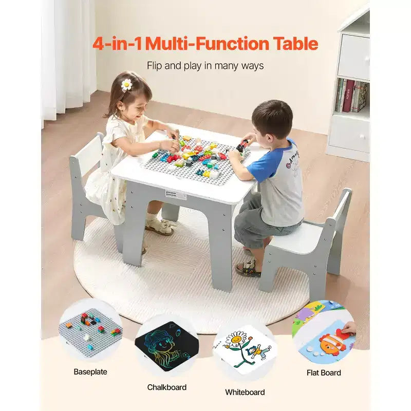 JVNOXK 4-in-1 Kids Activity Table and Chair Set Double-sided tabletop: one side for drawing, one side for building blocks Includes storage space White