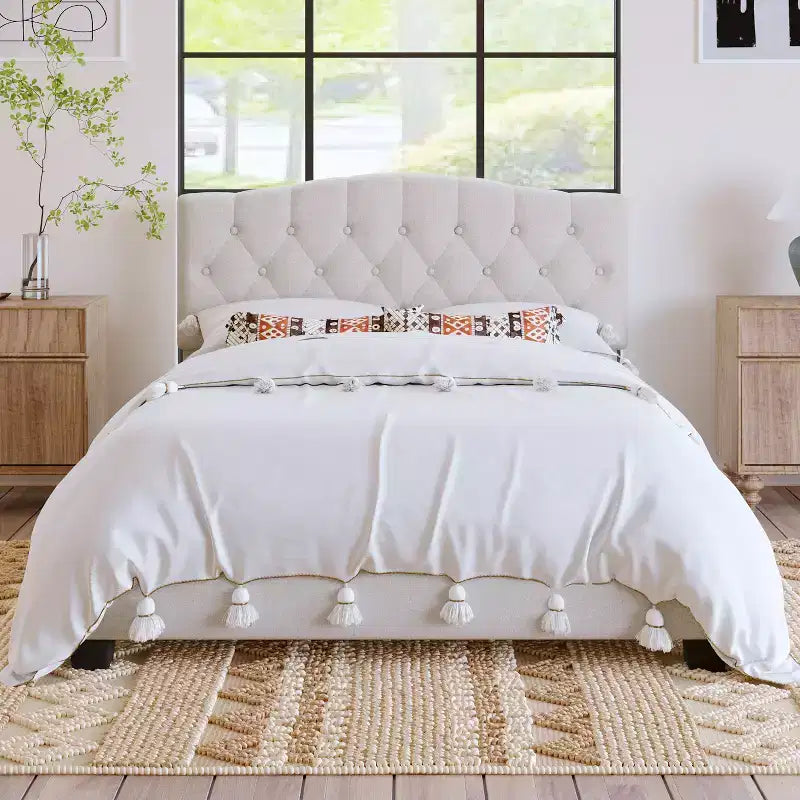 Full/Queen/King Size Upholstered Platform Bed with Saddle Curved Adjustable Headboard and Diamond Tufted, Wooden Bedframe for Bedroom