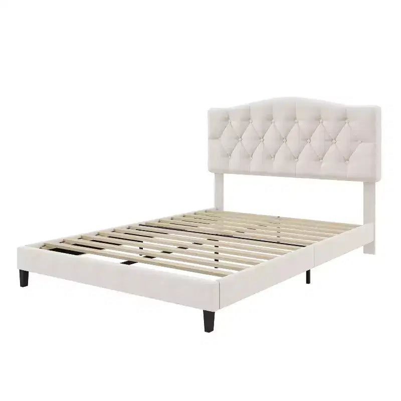 Letto a piattaforma imbottito Full/Queen/King Size con testiera regolabile a curva a sella e trapuntatura a rombi, struttura in legno per camera da letto