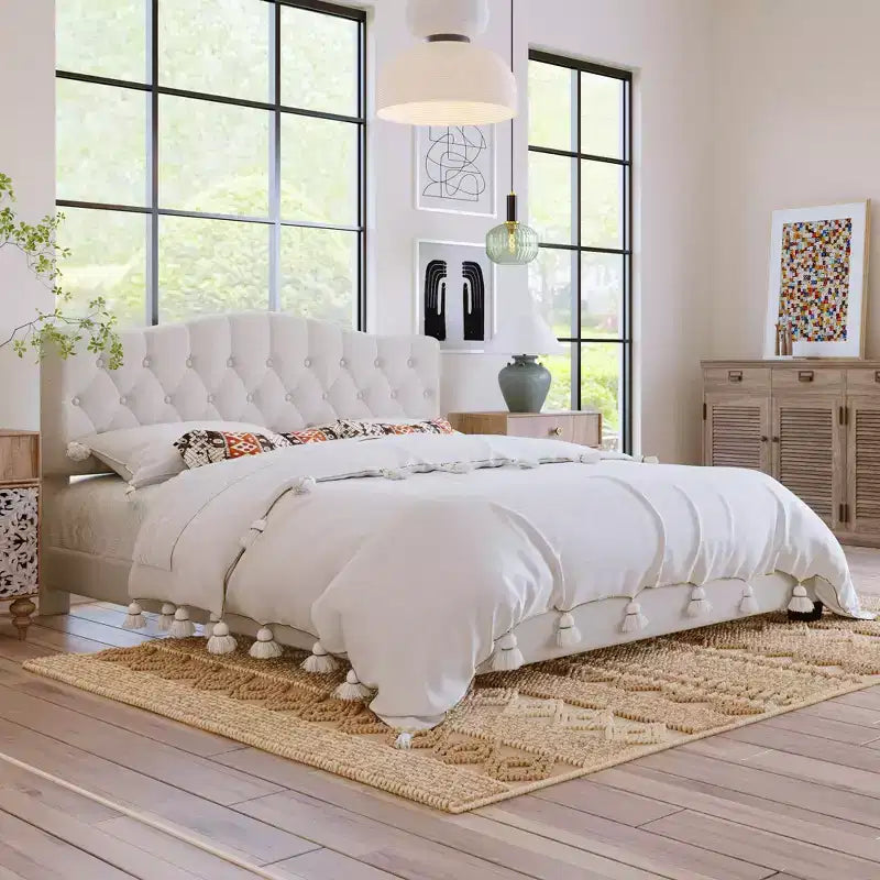 Letto a piattaforma imbottito Full/Queen/King Size con testiera regolabile a curva a sella e trapuntatura a rombi, struttura in legno per camera da letto
