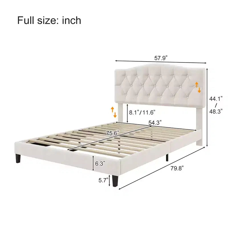 Letto a piattaforma imbottito Full/Queen/King Size con testiera regolabile a curva a sella e trapuntatura a rombi, struttura in legno per camera da letto