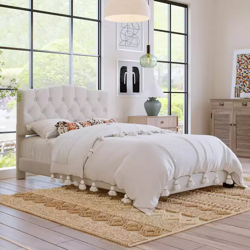 Letto a piattaforma imbottito Full/Queen/King Size con testiera regolabile a curva a sella e trapuntatura a rombi, struttura in legno per camera da letto