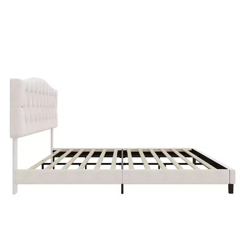 Letto a piattaforma imbottito Full/Queen/King Size con testiera regolabile a curva a sella e trapuntatura a rombi, struttura in legno per camera da letto