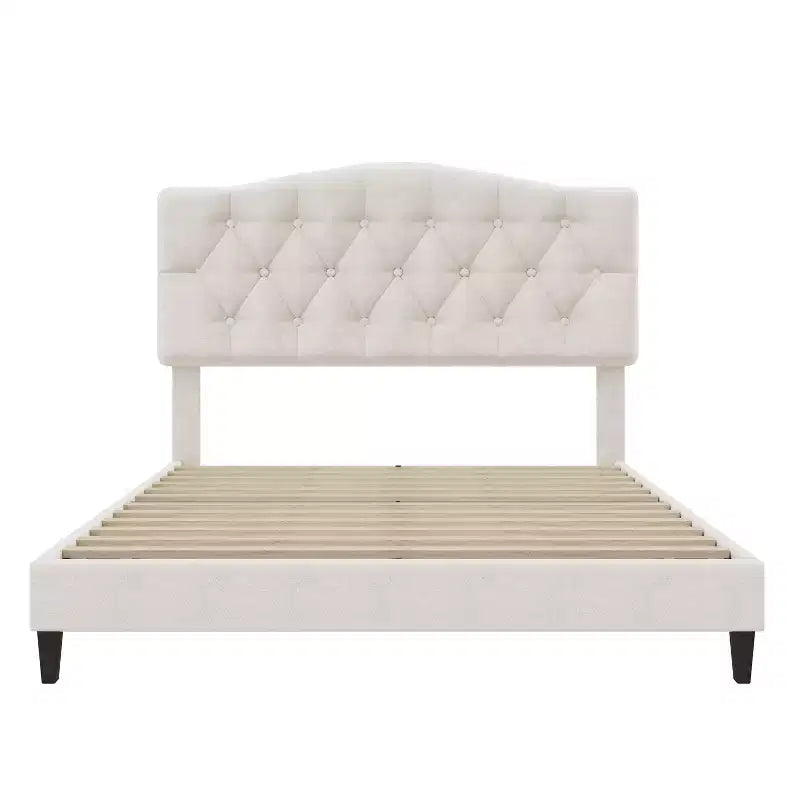 Letto a piattaforma imbottito Full/Queen/King Size con testiera regolabile a curva a sella e trapuntatura a rombi, struttura in legno per camera da letto