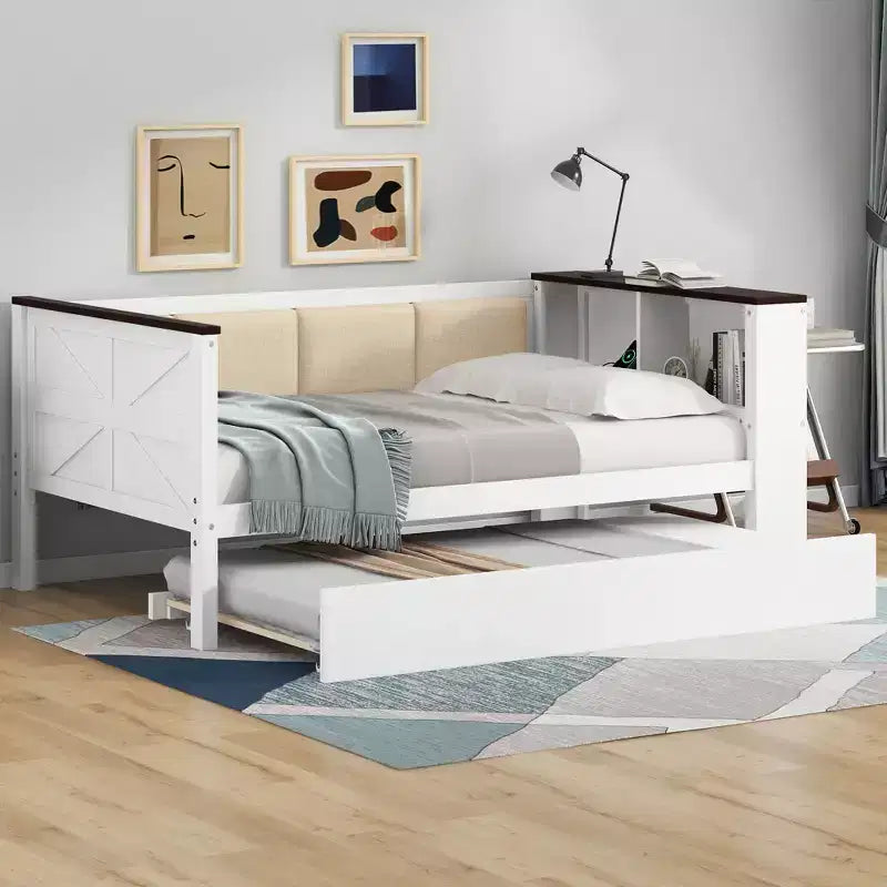 Twin/Full Size Wood Daybed with Storage Shelves and Trundle, Daybed with Upholstered Backrest and USB