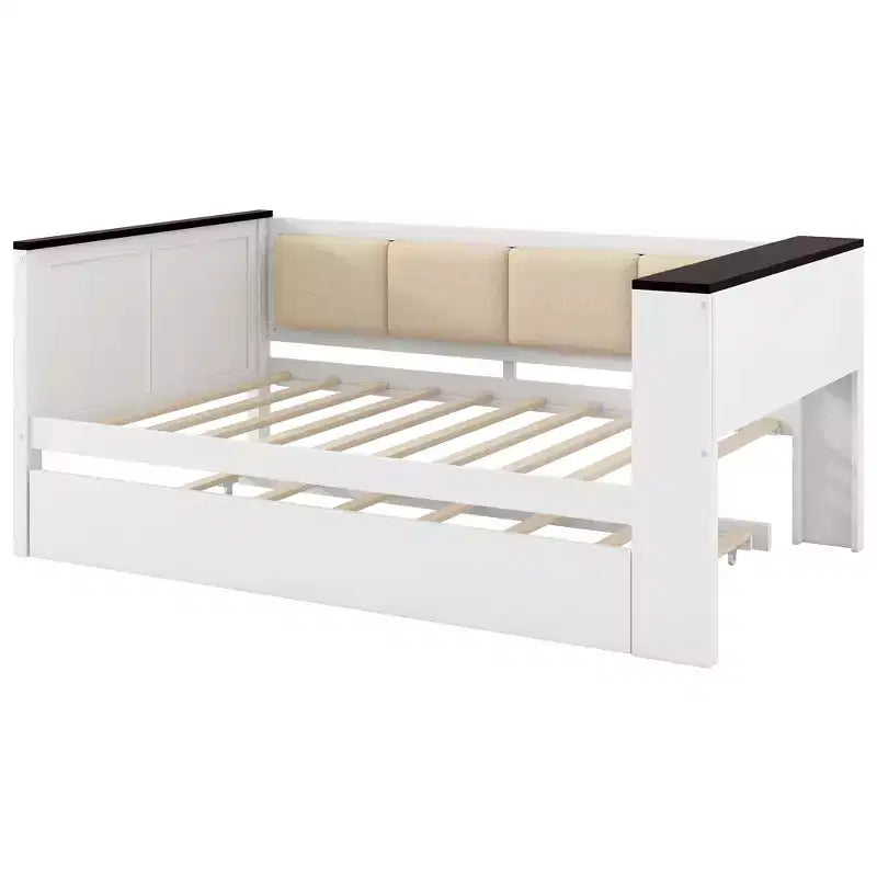 Divano Letto in Legno Matrimoniale/Una Piazza e Mezza con Ripiani e Letto Estraibile, Divano Letto con Schienale Imbottito e USB