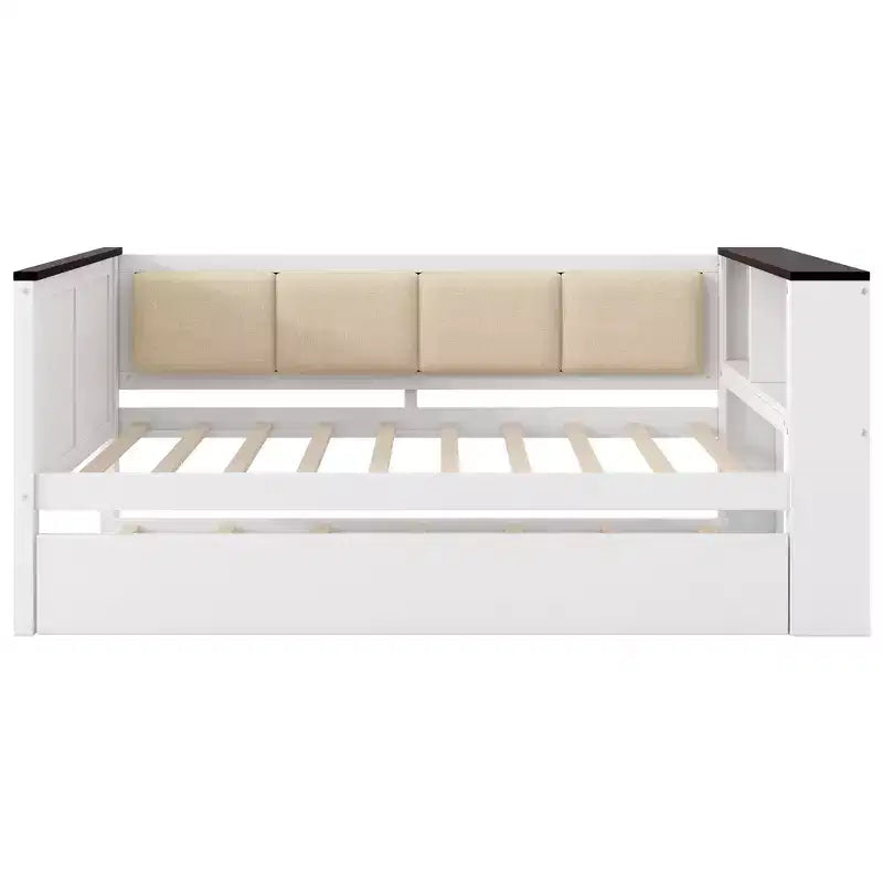 Divano Letto in Legno Matrimoniale/Una Piazza e Mezza con Ripiani e Letto Estraibile, Divano Letto con Schienale Imbottito e USB