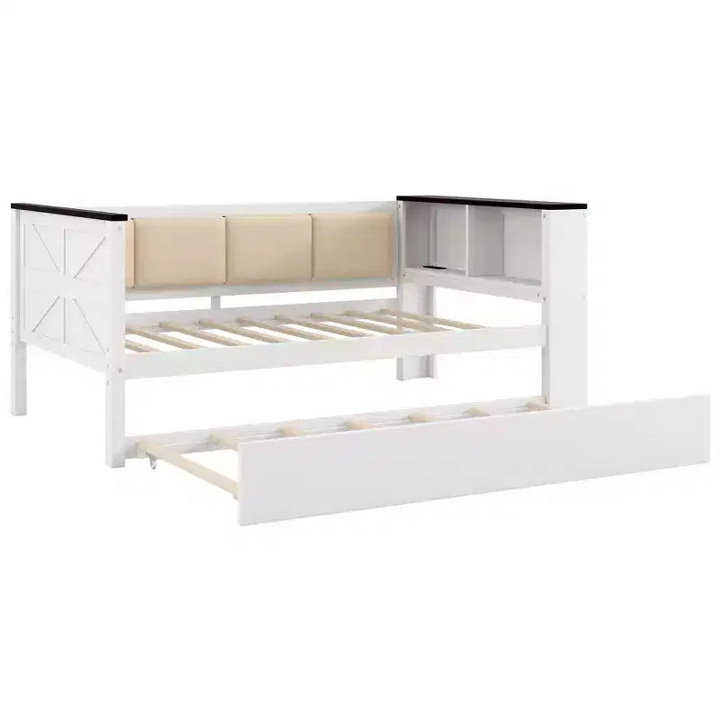 Divano Letto in Legno Matrimoniale/Una Piazza e Mezza con Ripiani e Letto Estraibile, Divano Letto con Schienale Imbottito e USB