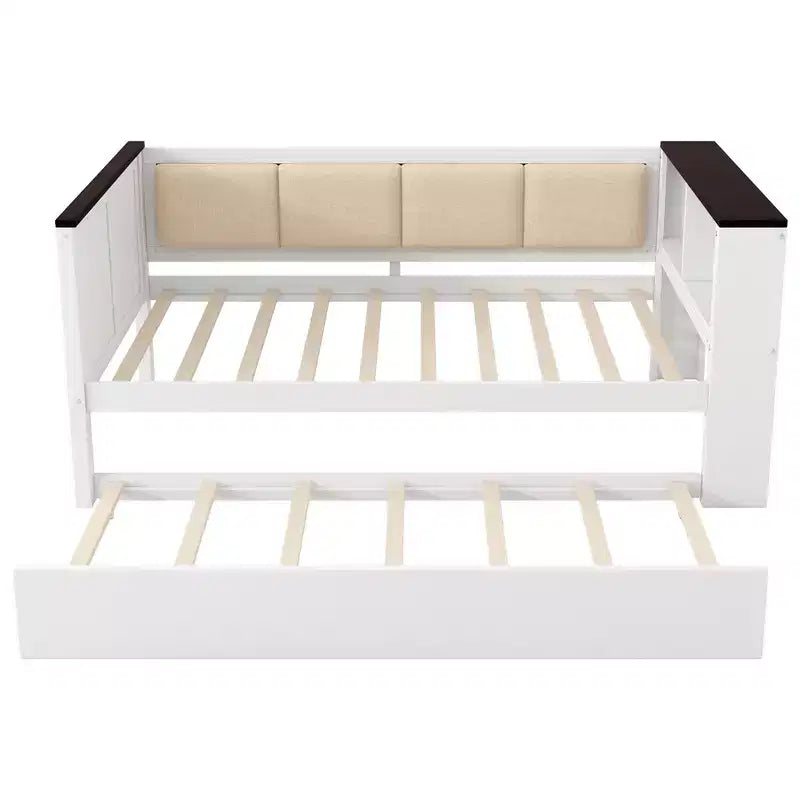 Divano Letto in Legno Matrimoniale/Una Piazza e Mezza con Ripiani e Letto Estraibile, Divano Letto con Schienale Imbottito e USB