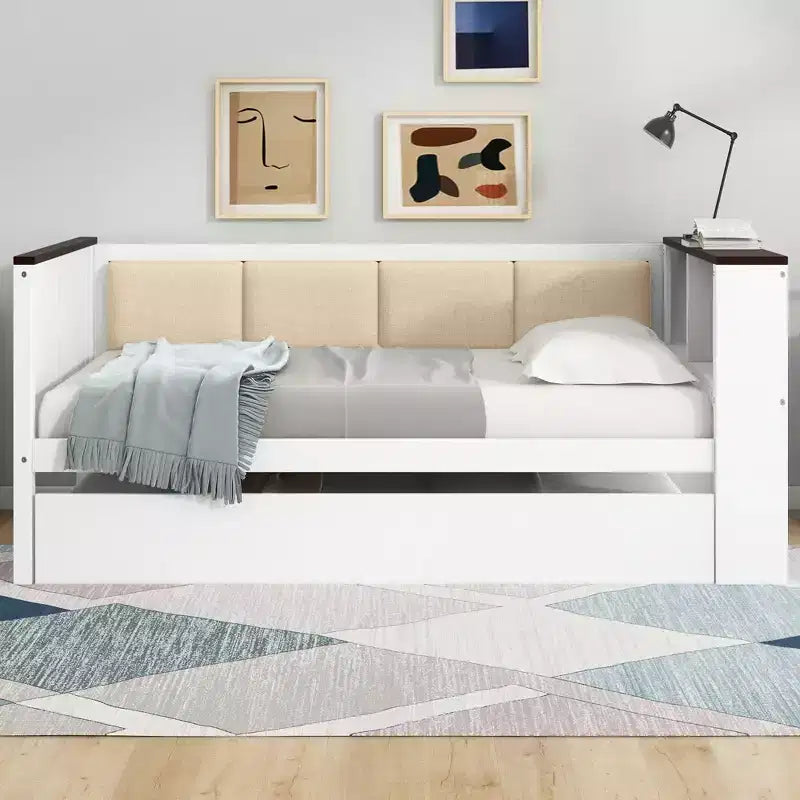 Divano Letto in Legno Matrimoniale/Una Piazza e Mezza con Ripiani e Letto Estraibile, Divano Letto con Schienale Imbottito e USB