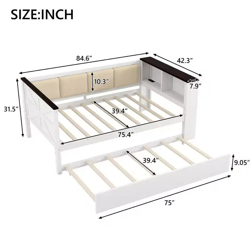 Divano Letto in Legno Matrimoniale/Una Piazza e Mezza con Ripiani e Letto Estraibile, Divano Letto con Schienale Imbottito e USB