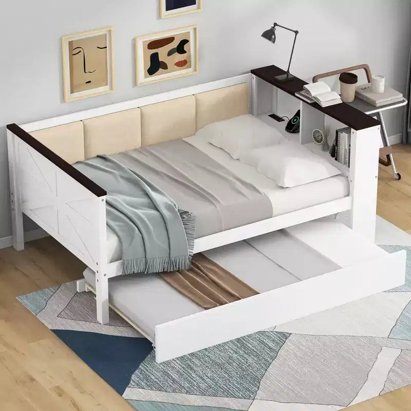 Divano Letto in Legno Matrimoniale/Una Piazza e Mezza con Ripiani e Letto Estraibile, Divano Letto con Schienale Imbottito e USB