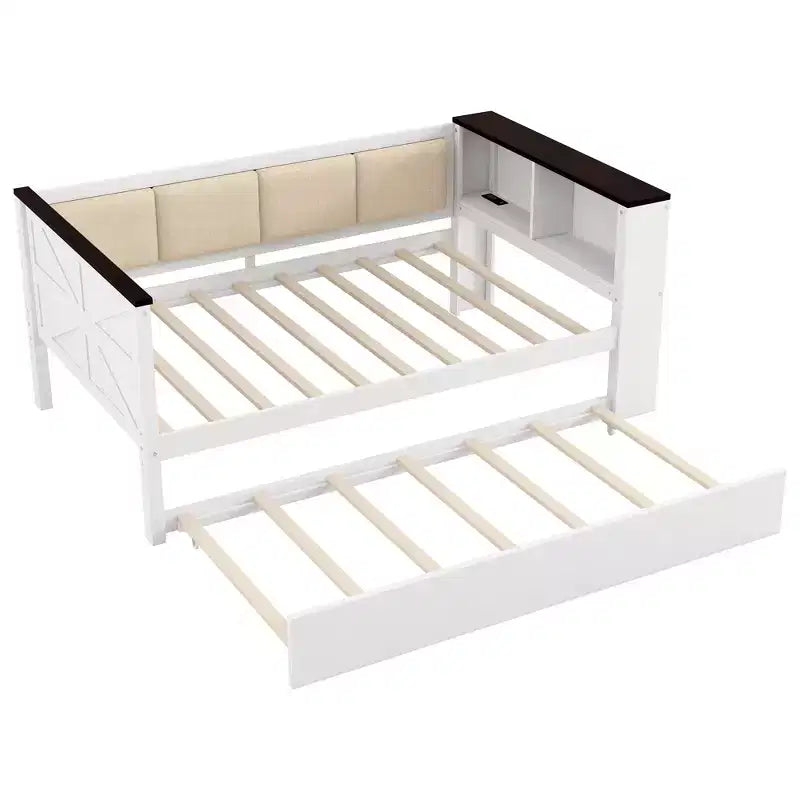 Divano Letto in Legno Matrimoniale/Una Piazza e Mezza con Ripiani e Letto Estraibile, Divano Letto con Schienale Imbottito e USB