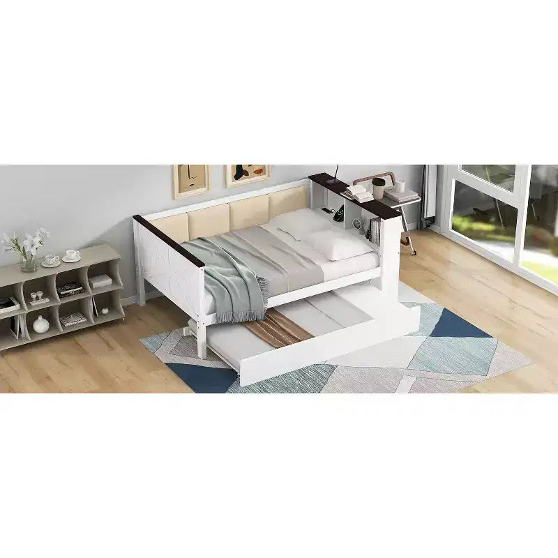 Divano Letto in Legno Matrimoniale/Una Piazza e Mezza con Ripiani e Letto Estraibile, Divano Letto con Schienale Imbottito e USB