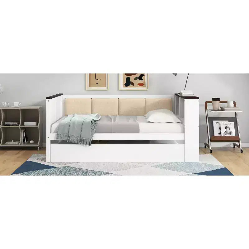 Divano Letto in Legno Matrimoniale/Una Piazza e Mezza con Ripiani e Letto Estraibile, Divano Letto con Schienale Imbottito e USB
