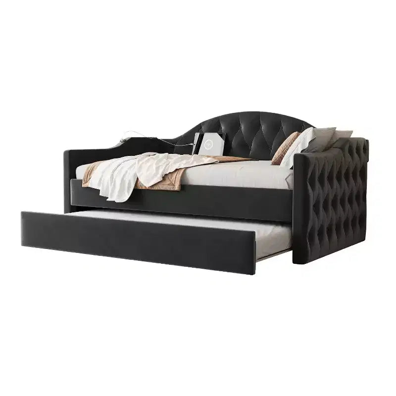 Divano letto imbottito capitonné una piazza con letto estraibile, in velluto, per camera da letto