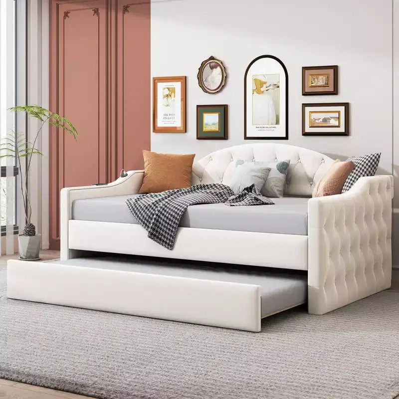 Twin Size Tufted Upholstered Daybed with Trundle, Twin Velvet Sofabed for Bedroom