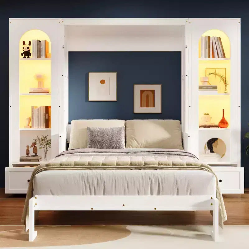 Queen Size Murphy Bed Wall Bed with Side Cabinets and LED Light, Cabinet Bed Folding Wall Bed with Storage Shelves and Drawers for Guest Room, White