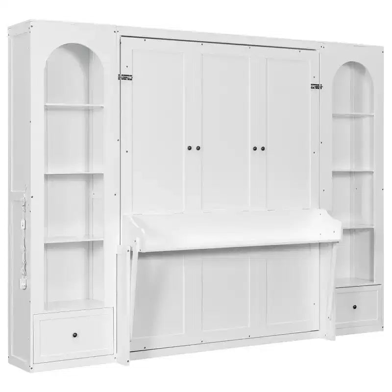 Letto a scomparsa Queen Size con armadietti laterali e luci a LED, letto a scomparsa con ripiani portaoggetti e cassetti per camera degli ospiti, bianco