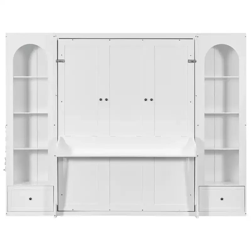 Letto a scomparsa Queen Size con armadietti laterali e luci a LED, letto a scomparsa con ripiani portaoggetti e cassetti per camera degli ospiti, bianco