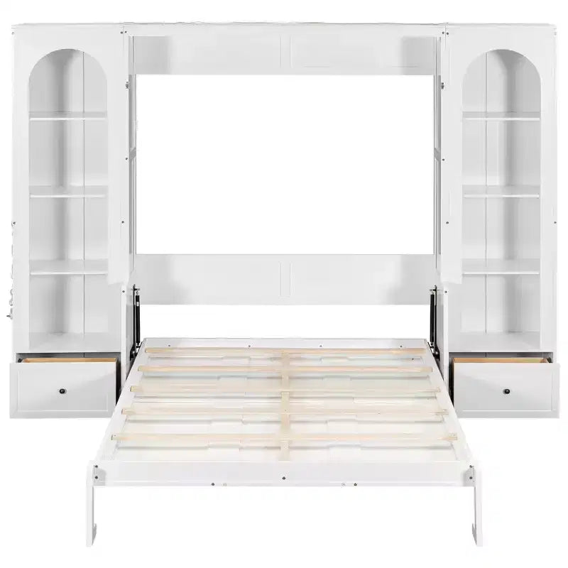Letto a scomparsa Queen Size con armadietti laterali e luci a LED, letto a scomparsa con ripiani portaoggetti e cassetti per camera degli ospiti, bianco