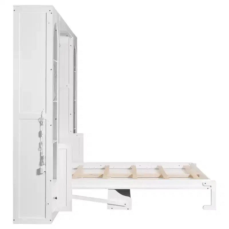 Letto a scomparsa Queen Size con armadietti laterali e luci a LED, letto a scomparsa con ripiani portaoggetti e cassetti per camera degli ospiti, bianco