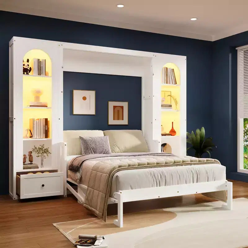 Letto a scomparsa Queen Size con armadietti laterali e luci a LED, letto a scomparsa con ripiani portaoggetti e cassetti per camera degli ospiti, bianco