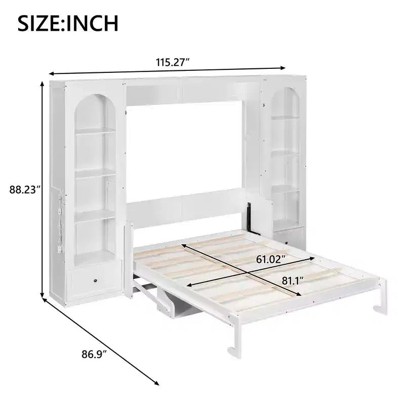 Letto a scomparsa Queen Size con armadietti laterali e luci a LED, letto a scomparsa con ripiani portaoggetti e cassetti per camera degli ospiti, bianco